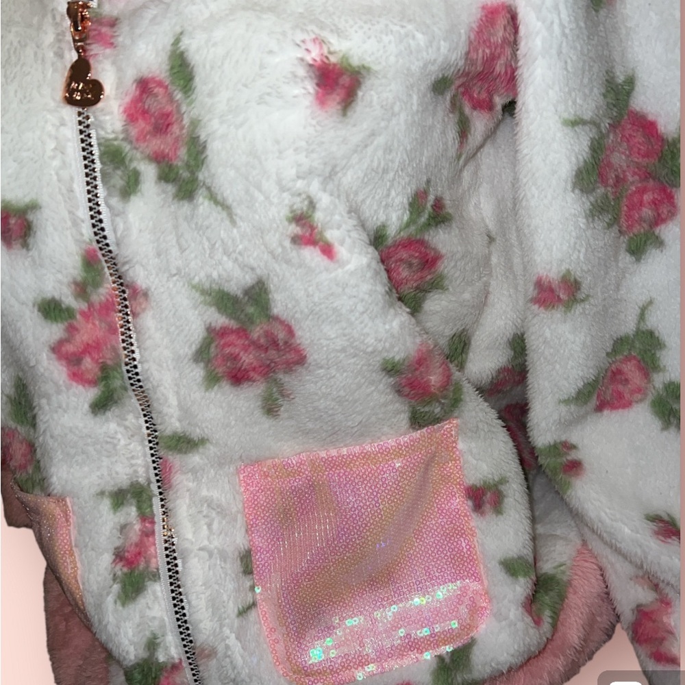 Betsey Johnson Girls 14 Floral Hoodie jacket  Faux Fur With Ears - Picture 5 of 5